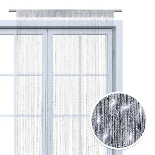 Wometo Faden-Vorhang Glitzer-Vorhang oekoTex 90x245 - Silber-Silber glänzender Deko Schal transparent halbtransparent Weihnachten
