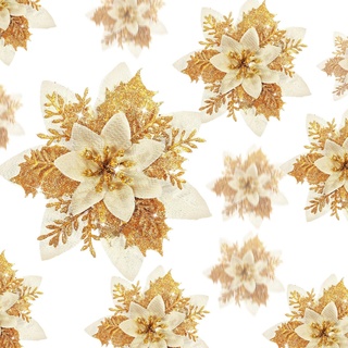 24 Glitzer Weihnachtsstern Blumen Künstliche Weihnachten Blumen Ornamente Hochzeit Blume Deko Weihnachtsbaumschmuck mit Clip für Geschenk, 6 Zoll, 4 Zoll, 3 Zoll (Gold)