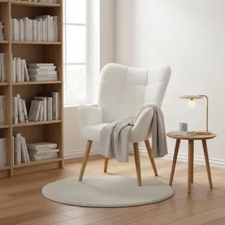 MEUBLE Cosy Lehnstühle aus Bouclé-Stoff, Ohrensessel mit Armlehnen, Weiß