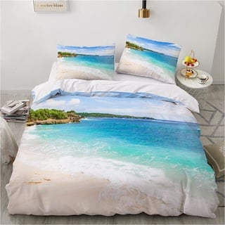 Damier Bettwäsche 135x200 4teilig Meeresmotiv Strand 3D Bettbezug Set Weiß Blau Ozean Beach Bettwäsche Weich Mikrofaser Bettwäsche für Teenager Geschenke mit Reißverschluss und 2 Kissenbezüge 80x80 cm