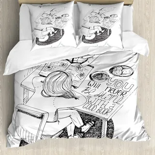 ABAKUHAUS Buch Bettbezug, Mädchen und Katze mehr lesen Desk, Milbensicher Allergiker geeignet mit Kissenbezügen, 155 cm x 220 cm - 80 x 80 cm, Schwarz-Weiss