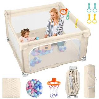 eSynic Laufstall Baby Faltbar Laufgitter mit Matte 150×150cm Klappbarer Extra Großes Indoor & Outdoor Sicherheitslaufstall mit Atmungsaktivem Mesh 50 Bällen Spielgriffen & Tragetasche Beige