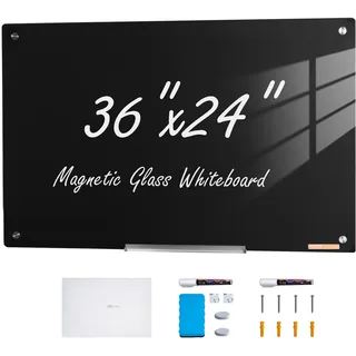 Vevor Magnetisches Glas-Whiteboard, Trocken Abwischbare Tafel 90 x 60 cm, Wandmontiertes Großes Weißes Glasboard ohne Rahmen, mit Stiftablage, einem Radiergummi& 2 Stiften, Magnettafel Schwarz