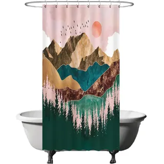 Ulticool Duschvorhang - Natur Sonne Berge Bohemian - 120 x 200 cm – Waschbar – Anti Schimmel - Wasserdicht - mit 8 Ringe - Grün Rosa Braun