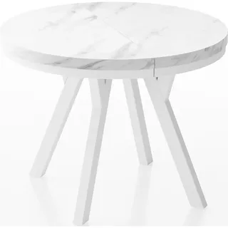 WFL Group Esstisch Lume Weiß runder ausziehbarer, Marmor Weiß 90-170/90/76 cm , Holzwerkstoff , Rund,Rund , 90x76x90 cm , Esszimmer, Esstische