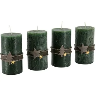 Adventskerzen mit Motiven – 4er Set - Rustikale Oberfläche - Kerzen/Stumpenkerzen für Weihnachtskranz/Adventskranz - Weihnachten (Jägergrün, Höhe 11 cm/Ø 6 cm), Unparfümiert