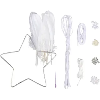 Rayher DIY Bastelset Traumfänger Stern, 20 cm ø, Länge ca. 60 cm, weiß/creme/silber, Dreamcatcher aus Metallstern, Perlen, Federn, Velourband und Garn, Deko-Hänger, Wanddekoration, 66076000