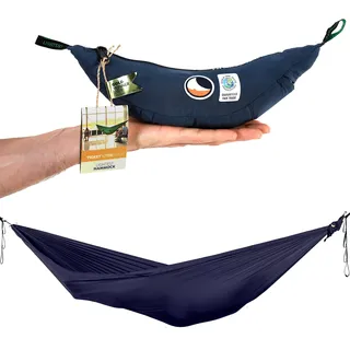 Ultraleichte Outdoor Hängematte Navy Blau | aus Nylon Fallschirmseide mit 320 x 140 cm & nur 228 g - Hängematte mit einfachem Aufbau inklusive 6kn Minikarabiner | Original Ticket to the Moon seit 1996