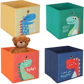 Relaxdays 4er Set, Kinder Aufbewahrungsboxen, süße Dino-Motive, Faltbox für Würfelregale, HBT: 30x30x30 cm, Textil, bunt