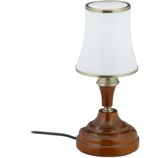 Relaxdays Tischlampe Antik, & Holzfuß, Jugendstil Lampe für Wohn- & Schlafzimmer, HxD: 30 x 13 cm, braun/weiß, Messing