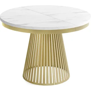 Esstisch Rund Ausziehbar mit Lamellen im Loft-Stil – 120 bis 200 cm – Industrieller Tisch mit Metallbeinen in Gold, Platzsparend für Wohnzimmer oder Esszimmer – Marmor Weiß - Weiß