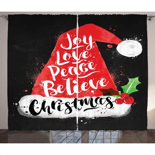 ABAKUHAUS Weihnachtsmann Rustikaler Gardine, Weihnachtsmütze mit Beschriftung, Schlafzimmer Kräuselband Vorhang mit Schlaufen und Haken, 280 x 175 cm, Schwarz Weiß Rot - Schwarz