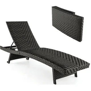 COSTWAY Sonnenliege klappbar, Gartenliege mit verstellbarer Rückenlehne und Hinterrädern, Liegestuhl Polyrattan - Braun