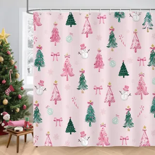 COZZSNUGE Duschvorhang 180 x 180 cm Weihnachten, Rosa Grüner Weihnachtsbaum Schneeflocke Schneemann Duschvorhänge Anti-schimmel Wasserdicht Polyester Stoff Badvorhang mit 12 Duschvorhangringen