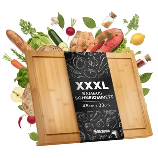 CLP Schneidebrett Holz groß XXXL 45 x 33 cm, Küchenbrett aus Bambus mit Anschlagskante und Saftrille, Holzbrett antibakteriell Größe 45x33 cm