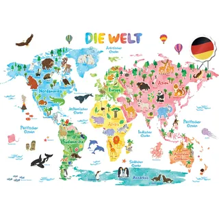 DECOWALL Extra groß Weltkarte Tierweltkarte Tiere Wandtattoo (140x110 cm) Wandsticker Wandaufkleber Wanddeko für Wohnzimmer Schlafzimmer Kinderzimmer (Deutsche Ver.) (DL3-1615DE)