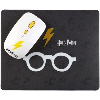 WONDEE Harry Potter Set Kabellose Maus und Mauspad mit Harry-Potter-Design in Schwarz und Weiß - Offizielle Harry-Potter-Artikel