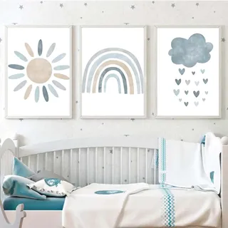 recrtain Wandbilder für Kinderzimmer, Motiv: blauer Sonnenschein, Regenbogenwolke, Leinwand-Kunst, Poster, Boho, nordische Wandbilder für Jungen, Baby, Kinderzimmer, Dekoration, Set mit 3 niedlichen