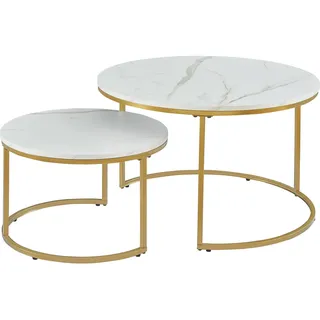 [en.casa] Couchtisch Christchurch 2er Set Marmoroptik, Weiß/Gold