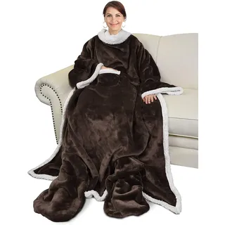 Catalonia TV Decke Kuscheldecke Ganzkörperdecke mit Ärmeln und Füßen, Geschenk Decke zum Anziehen Winter Fleece Sherpa Warme Decken für Erwachsene Frauen Männer 190 x 135 cm, Braun