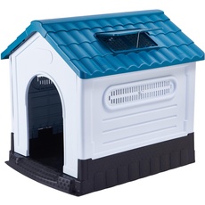 Lanco – Hundehütte für kleine Hunde mit verstellbarem Schiebedach. Innen- und Außenbereich mit Belüftung. Widerstandsfähiges Material. 68x55x66cm. Blau und weiß.