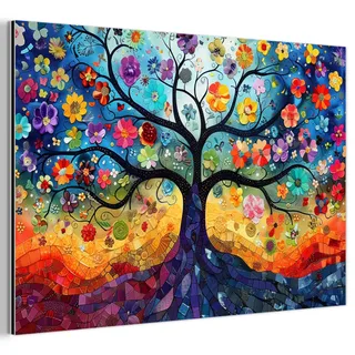 MuchoWow Metallbild Kunst - Baum des Lebens - Blumen - Hippie Wanddeko 90x60 cm , Dunkelblau , Metall , Rechteckig , 90x60 cm , einfache und schnelle Anbringung , Bilder & Rahmen, Bilder, Holz & Metallbilder