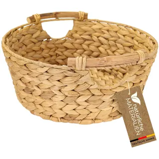 HMF Aufbewahrungskorb rund, Geschenkkorb leer geflochten aus Wasserhyazinthe mit Holzgriffen | 30 x 12 cm