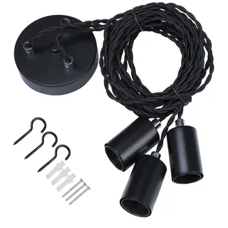SHINY STAR Schwarze Industrie-Pendelleuchte,3lights Spider Hängeleuchter mit verstellbarem 3M verdrilltem geflochtenem Kabel, Retro-Industrie-Cluster-Fassung E27 Lampenfassung-Schwarz-81910BLK3