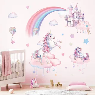 Fufuquare Entfernbare Cartoon Regenbogen Rosa Wolken Wandaufkleber Schlösser und Einhörner Wandtattoo für Mädchen Schlafzimmer Wohnzimmer