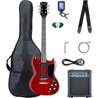 McGrey Rockit Double Cut Komplettset E-Gitarre (8-teiliges Anfängerset mit Gitarre, Verstärker, Ersatzsaiten, Gitarrentasche, Stimmgerät, Plektren, Gurt und Gitarrenkabel) Cherry Red