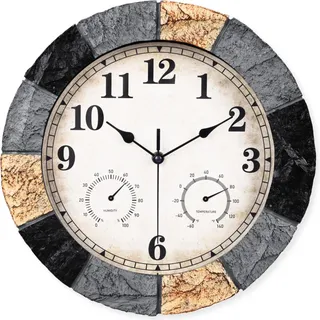 SensaHome Wanduhr YS1002 – Wasserdichte Harz-Steinoptik Außenwanduhr – Runde Outdoor-Uhr – Ø33 cm – Grau - Grau