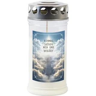 Grabkerze - Gedenkkerze Motiv "Einmal sehen wir uns wieder" 70-90 Std. Brenndauer Trauerkerze - Langlebig, 100% Pflanzenöl, Weiß mit Silberdeckel TLB