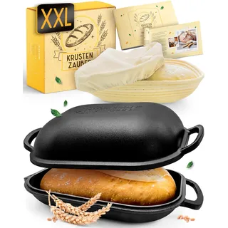 KRUSTENZAUBER 40cm Brotbackform mit Deckel Gusseisen inkl. Gärkorb - Robuster Gusseisen Topf Brot Backen - Idealer Brotbacktopf für selbstgemachtes Brot, Gusseisentopf, Gusstopf, cast iron pot