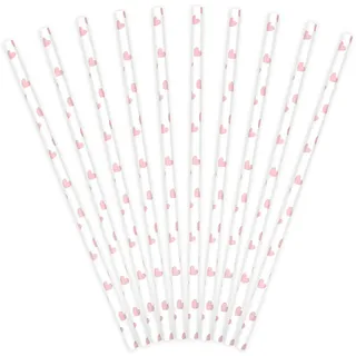 PartyDeco SPP7-081J - Papierstrohhalme - weiß mit rosa Herzen - 19,5cm (1 VPE / 10 Stk.)
