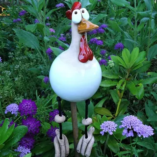 errcom Keramik Huhn Gartendeko, Tierfigur Gartenstecker Handarbeit Ornament, Gartenstatue Dekorative Henne, Gartenfigur Dekoration