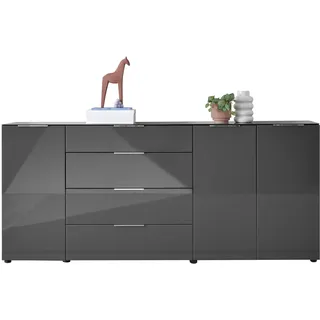 Stella Trading Sideboard Kommode SANTORIN Anthrazit mit Glasfront, Schrank Korpus in Anthrazit mit Oberboden in Glas und Schubladen für Ihren Wohnbereich - 226 x 99 x 40 cm (B/H/T)