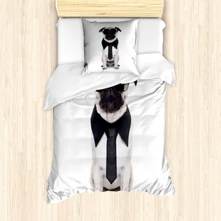 ABAKUHAUS Mops Mantele, Kühler Hund mit Krawatte Brille, Milbensicher Allergiker geeignet mit Kissenbezügen, 135 cm x 200 cm - 80 x 80 cm, schwarz Creme