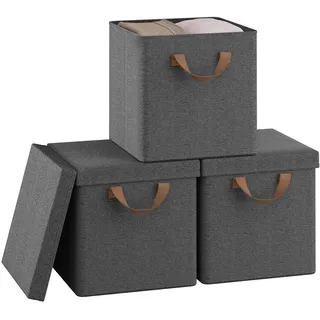 WOLTU Faltbare Aufbewahrungsboxen 3 Stück, Stoffboxen mit Deckel und Metallrahmen, Aufbewahrungswürfel für Wohnzimmer, Schlafzimmer, Arbeitszimmer, Mehrzweck, Grau, 27x27x27cm