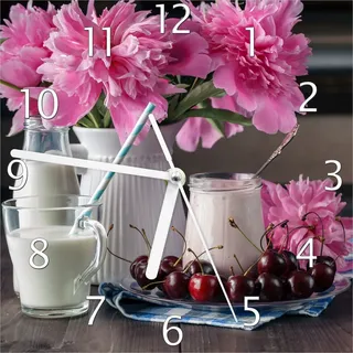 Wallario Design Wanduhr Milch mit Kirschen zum Frühstück mit rosa Blumenarrangement aus Echtglas, Größe 20 x 20 cm - Rosa