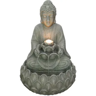 Dehner Gartenbrunnen Yoga, Solarbrunnen frostbeständig, Brunnen für Außen, mit LED Beleuchtung, ca. 55 x 36.5 x 36.5 cm, Polyresin, grau