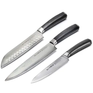 KLAMER Premium Damastmesser 3er Messerset, japanischer Damaszener Stahl | Die 67 Lagen mit 61 HRC bleiben ultrascharf, im 13-Grad-Schnittwinkel schneiden sie Fleisch, Fisch, Obst und Gemüse mühelos