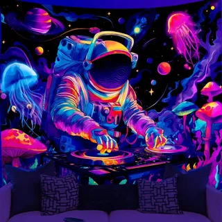 WEBEEDY Schwarzlicht Astronauten Wandteppich Lustiger DJ Musik UV Reaktiver Wandteppich Pilz Trippy Galaxie Weltraum Wandteppiche Wanddekoration Ästhetische Dekoration Für Halloween Party 150x130cm
