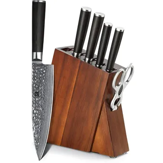 XINZUO Damaststahl 7 Teilig Messerblock Sets-Scharf Profi Küchen Kochmesser Set -Chef Santoku Nakiri Universal Obstmesser-Ergonomischer Pakkaholz Griff-Mit Akazienholz Messerblock und Küchenschere