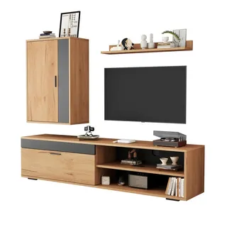 Modfu Tv-Möbel-Set aus Spanplatte 140x35x39 cm Eichefarben/Schwarz mit Wandschrank und Wandregal, Soft-Close und Stauraum , Naturfarben , Holzwerkstoff , 140x39x35 cm , Wohnzimmer, TV Möbel, Lowboards, Lowboards stehend