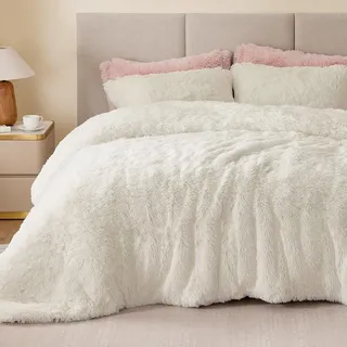 Sacebeleu Plüsch Bettwäsche Set 135x200cm Weiß Creme Warme Winter Flauschig Flanell Biber Mädchen Bettbezug mit Reißverschluss und 1 Kissenbezug 80x80cm