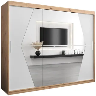 Abiks Möbel Schwebetürenschrank 200/250/62 3-türig , Eiche Artisan, Weiß , Holz , Nachbildung,Eiche , 9 Fächer , 250x200x62 cm , Schlafzimmer, Kleiderschränke, Schwebetürenschränke