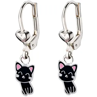 FIVE-D Kinderohrringe Creolen Katze 925 Sterling Silber (Schwarz/Silber)