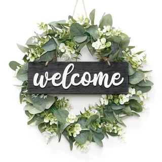 SOMYTING Künstlicher Eukalyptus Kranz 40cm Runder Kranz Haustür Türschild Kranz Türkranz mit hölzernen Willkommensschildern Girlande Wandbehang Zubehör Sommer-Kränze für Hochzeit Heimdekoration