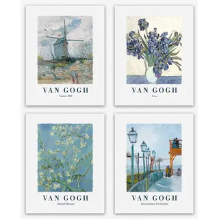 Van Gogh wohnzimmer deko modern - Famous Wanddeko Set of 4 Blue Paintings Van Gogh Blossom, Flower, Windmill Van Gogh Poster Gift Set of Vincent Van Gogh Home Decor Gifts deko aesthetic (20cm x 25cm)