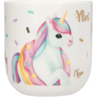 Depesche 13562 Ylvi - Becher aus Porzellan, in Weiß mit Einhorn Motiv, Buntem Streusel-Muster und Gold-Aufdruck, Tasse mit einem Fassungsvermögen von ca. 250 ml